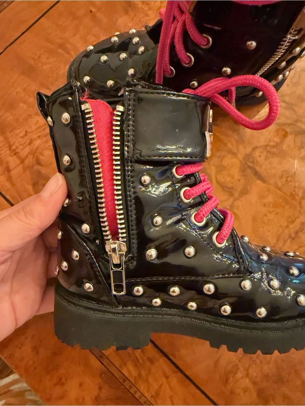 Disney Kids Black Patent Boots with Pink Laces - Size 9